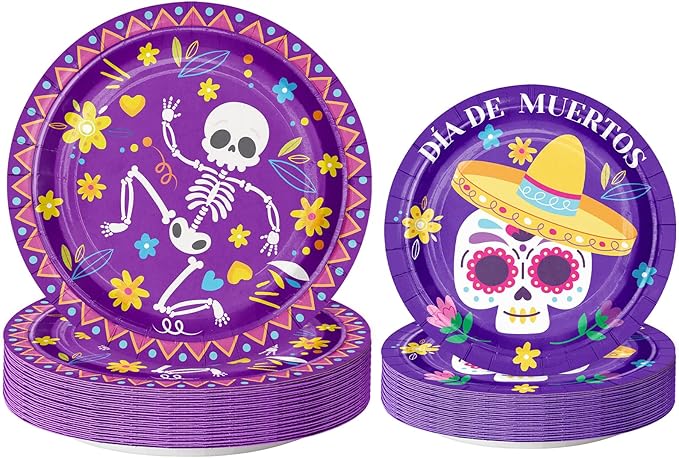 WRAPAHOLIC 50Pcs Day of the Dead Paper Plates - 9" and 7" Skeleton and Skull Disposable Plates Decorative Dinner Plates for Party Tableware Supplies Table Decor
