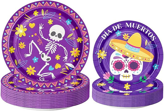 WRAPAHOLIC 50Pcs Day of the Dead Paper Plates - 9" and 7" Skeleton and Skull Disposable Plates Decorative Dinner Plates for Party Tableware Supplies Table Decor