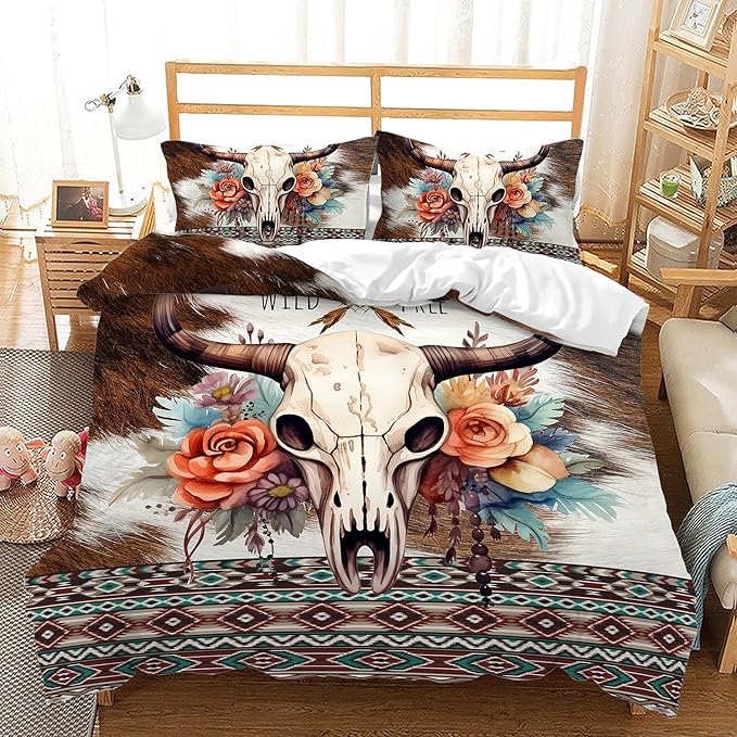 AILONEN Bull Skull Duvet Cover Set Full Size, Ethnic Cow Fur Print Western Bedding Set,Hunting Comforter Cover Set 3 Pieces,Cow Skull Quilt Cover with 2 Pillowcases
