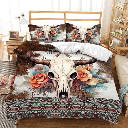 AILONEN Bull Skull Duvet Cover Set Full Size, Ethnic Cow Fur Print Western Bedding Set,Hunting Comforter Cover Set 3 Pieces,Cow Skull Quilt Cover with 2 Pillowcases