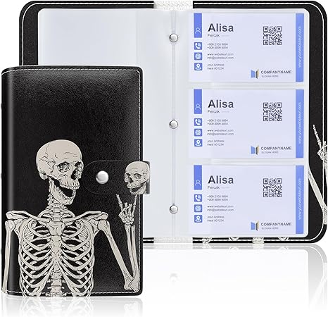 Rouidr Business Card Organizer, RFID Business Credit Card Holder with 96 Card Slots, Portable Leather Card Wallet for Women, Skull