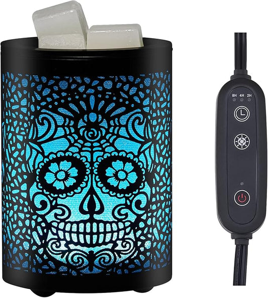 Skull Electric Wax Melt Warmer with Timer, 7-Color LED Gothic Night Light – Flameless Scented Wax Melter for Halloween, Home, and Office Aromatherapy Decor
