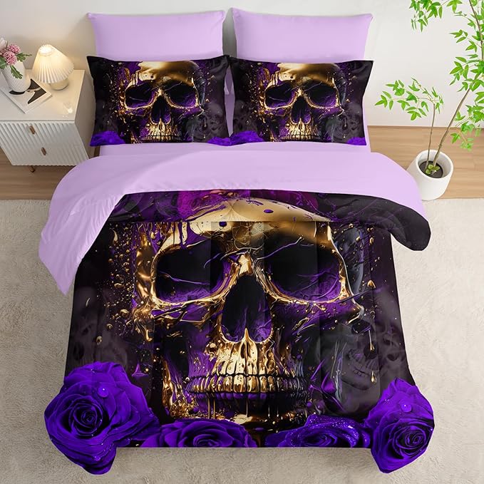 AILONEN 3D Gold Skull Comforter Set Twin Size,Purple Flowers Bedding Set for Kids Adult,Gothic Bone Skeleton Bohemian Bed in a Bag,Comforter & Fitted Sheet & Flat Sheet,2 Pillowcases,2 Pillow Shams