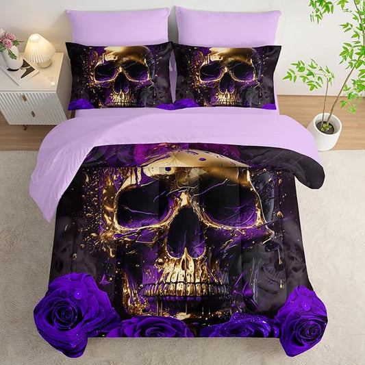 AILONEN 3D Gold Skull Comforter Set Twin Size,Purple Flowers Bedding Set for Kids Adult,Gothic Bone Skeleton Bohemian Bed in a Bag,Comforter & Fitted Sheet & Flat Sheet,2 Pillowcases,2 Pillow Shams