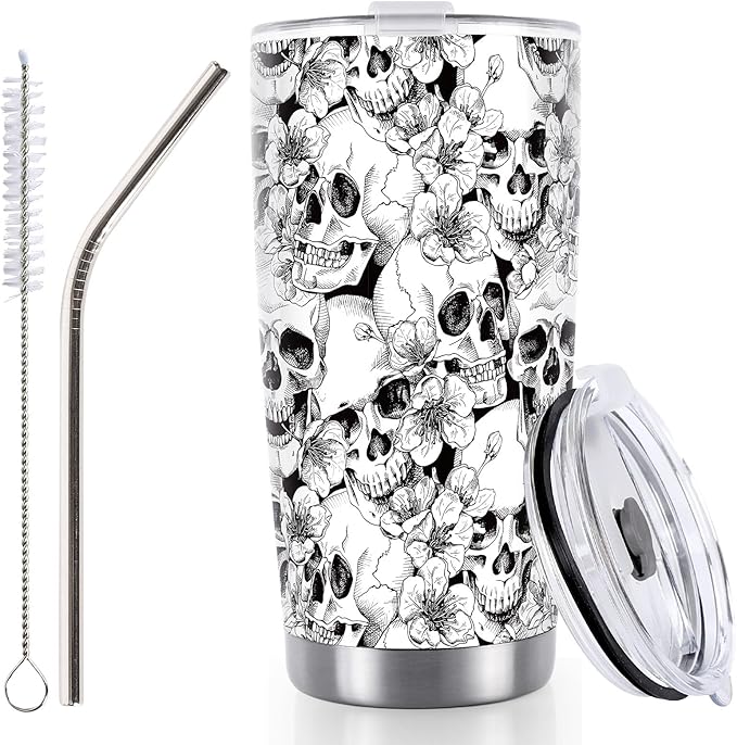 Whaline Halloween Skull Tumbler Stainless Steel Travel Tumbler with Lid Straw and Brush Spooky Coffee Mug Cup for Women Travel Birthday Horror Gift