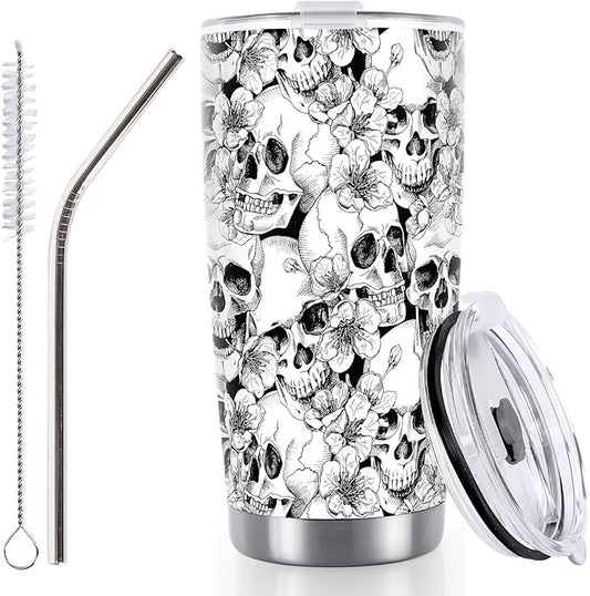 Whaline Halloween Skull Tumbler Stainless Steel Travel Tumbler with Lid Straw and Brush Spooky Coffee Mug Cup for Women Travel Birthday Horror Gift