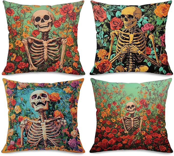 Sugar Skull with Rose Flower Pillow Covers Set of 4, 18x18 Inch Gothic Decorative Throw Pillow Covers for Farmhouse Living Room Sofa Seasonal Holiday Day of The Dead Decor