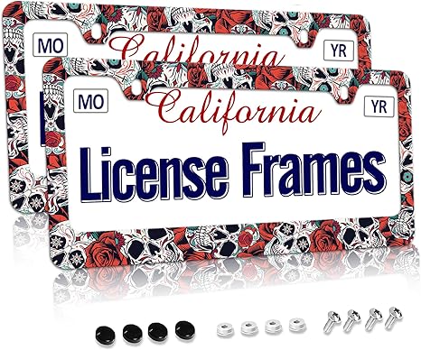 Stainless Steel Sugar Skull License Plate Frame Skull License Plate Holder Sugar Skull Car Accessories Day of The Dead Frame Witchy License Plate Frame for Women 12.3" X 6.3"