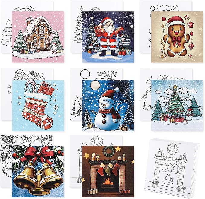 Zynlio 8 Packs 8 * 8in Christmas Pre Drawn Canvas to Paint,Pre Printed Canvas for Kids Adults, Painting Boards for Beginners, Students, Party Favor (Christmas)