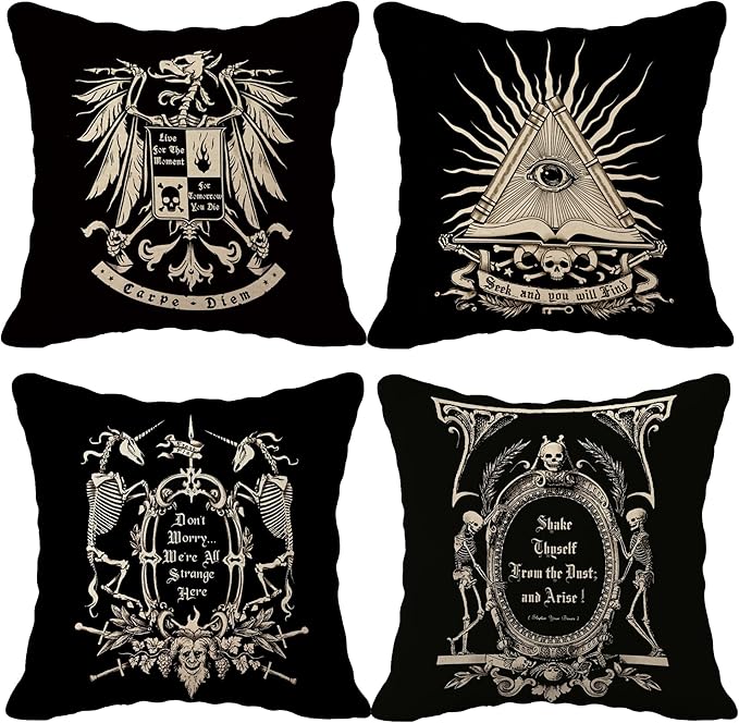 (RB) Dark Memento Mori The Undead Gothic Macabre Art Throw Pillow Case,18 x 18 Inch Set of 4,Gothic Home Decor, Gifts Wife, Sister, Husband, Gothic Lover, Gothic Pillows Cover for Sofa Couch Bed