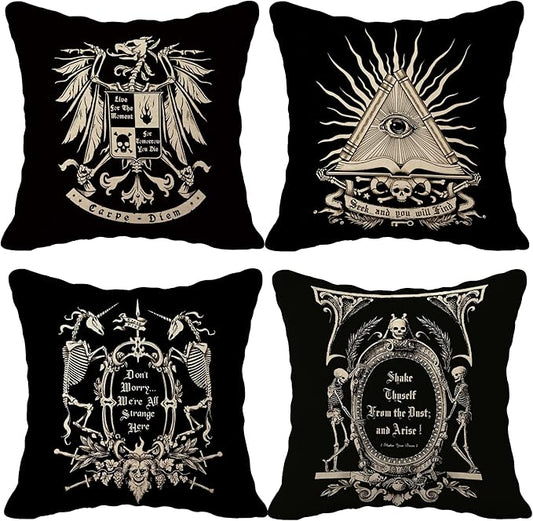 (RB) Dark Memento Mori The Undead Gothic Macabre Art Throw Pillow Case,18 x 18 Inch Set of 4,Gothic Home Decor, Gifts Wife, Sister, Husband, Gothic Lover, Gothic Pillows Cover for Sofa Couch Bed