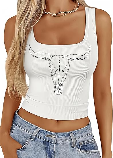 Cowgirl Tank Top for Women Western Sleeveless Crop Tank Top Country Concert Shirt Cowboy Skull Graphic Outfits