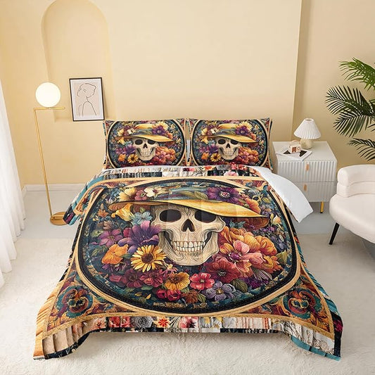 QOOMO Colorful Floral Sugar Skull Comforter Set for Boys Girls Kids Gothic Skeleton Twin Size Bedding Set Super Soft Quilt with 1 Comforter and 2 Pillowcases Lightweight Microfiber for All Seasons