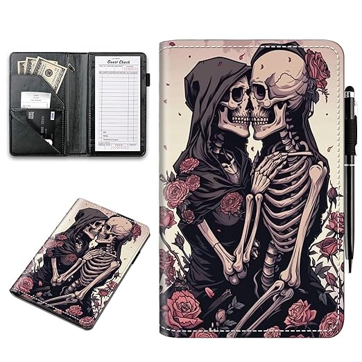 Server Book, Waitress & Waitre Books with Zipper Money Pockets and Pen Holder PU Leather,Cute Waitstaff Organizer Fit Server Apron with Black Base，Roses and Skulls