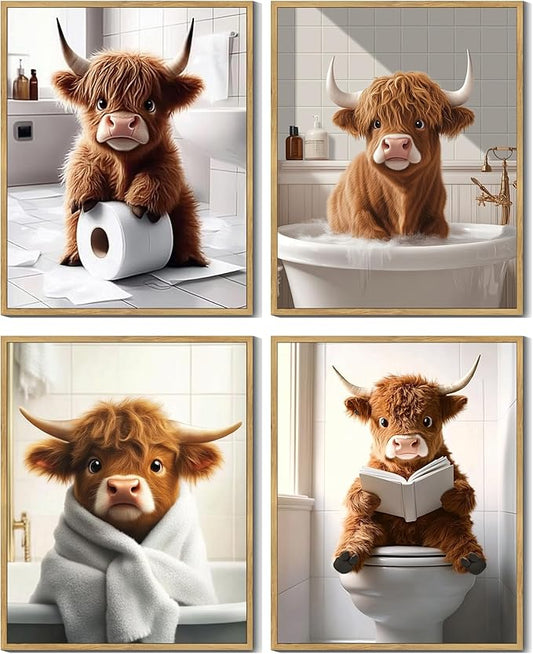 KUVIOKE Cute Highland Cow Bathroom Framed Wall Art Funny Animal Rustic Bathroom Canvas Prints Restroom Farmhouse Ready to Hang Set of 4, 8x10in (Natural Framed)