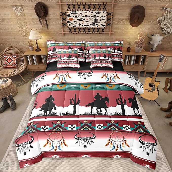 Erosebridal Queen Western Bedding Set 7 Piece Longhorn Skull Dream Catcher Boho Sheet Sets for Kids Boys Adult Bedroom, Cowboy Horse Western Comforter Set Southwestern Geometric Bed in A Bag, Red