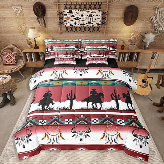 Erosebridal Queen Western Bedding Set 7 Piece Longhorn Skull Dream Catcher Boho Sheet Sets for Kids Boys Adult Bedroom, Cowboy Horse Western Comforter Set Southwestern Geometric Bed in A Bag, Red