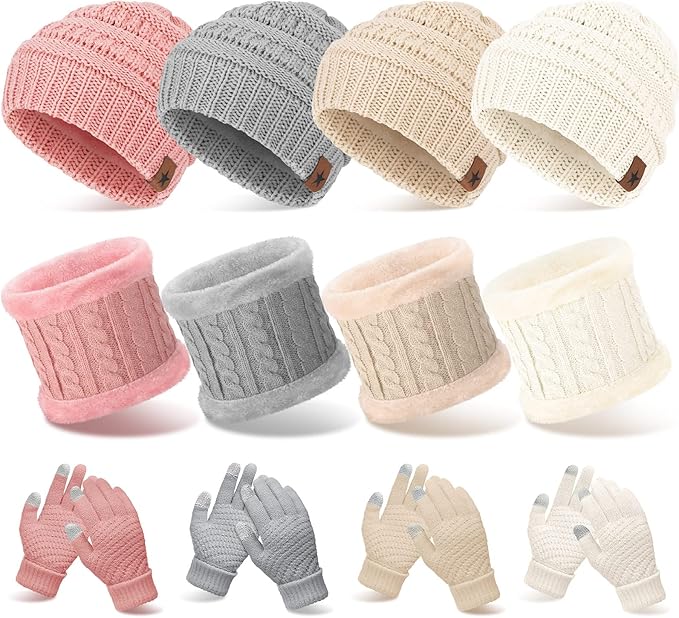 12pcs Winter Beanie Hat Scarf Gloves Set Thick Beanies Hat Knit Skull Cap Neck Warmer Touchscreen Gloves for Men Women
