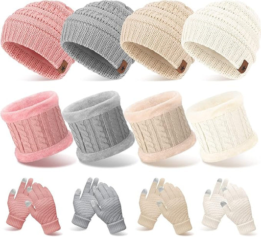 12pcs Winter Beanie Hat Scarf Gloves Set Thick Beanies Hat Knit Skull Cap Neck Warmer Touchscreen Gloves for Men Women