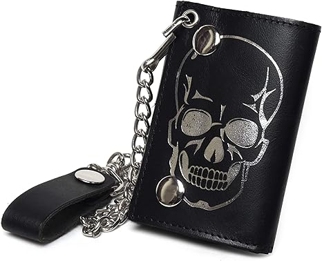 Leatherboss Genuine Leather Trifold Skull Biker Chain Wallet Credit Card Cash with ID Holder, Black