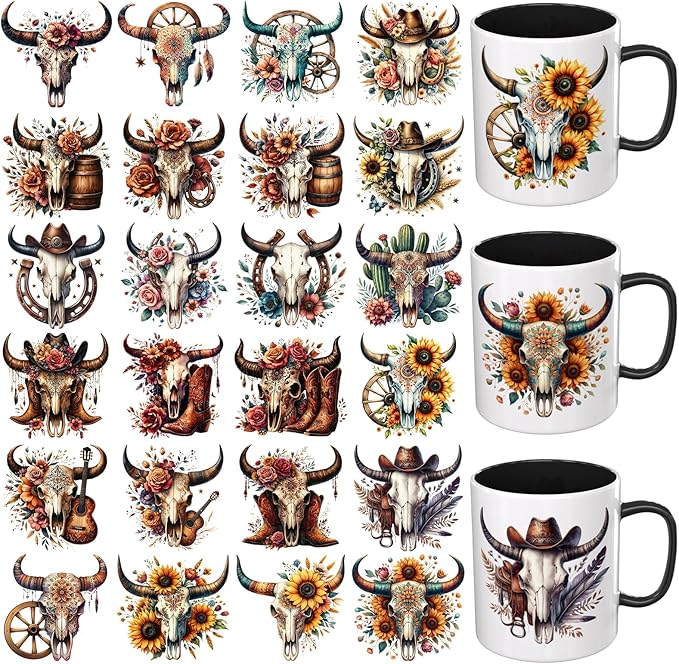 24PCS Western Bull Skull UV DTF Cup Wrap UV DTF Cup Wraps Suitable for Mugs,Glasses,Notebooks,Computers,Tables and Chairs,etc.High Viscosity UV DTF Transfer Paper