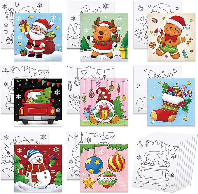 Anseal 8 Packs Christmas Pre Drawn Canvas for Painting, 8" X 8" Pre-Printed Canvas for Kids, Pre Stretched Outline Painting Boards for Beginners Students, Party Favor