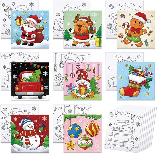Anseal 8 Packs Christmas Pre Drawn Canvas for Painting, 8" X 8" Pre-Printed Canvas for Kids, Pre Stretched Outline Painting Boards for Beginners Students, Party Favor