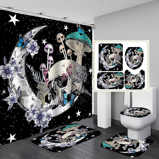 Camille&Andrew 4PCS Skull Shower Curtain Set, Skeleton Moon Floral Plant Blue Butterfly Teal Mushroom Bathroom Decor Waterproof Fabric Black Shower Curtain, Non-Slip Bath Mat Toilet Rug, Skull Gifts