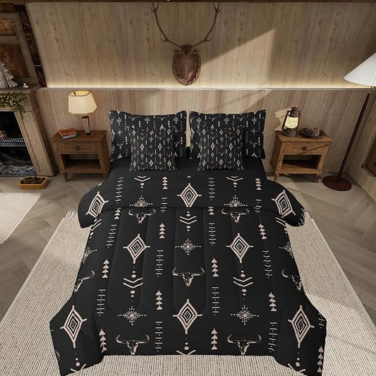 Feelyou Rustic Western 7 Piece Bedding Set King Size Kids Western Tribal Bull Skull Bed in a Bag Adult Black Brown Boho Ethnic Aztec Cow Pattern Comforter Set with Sheets