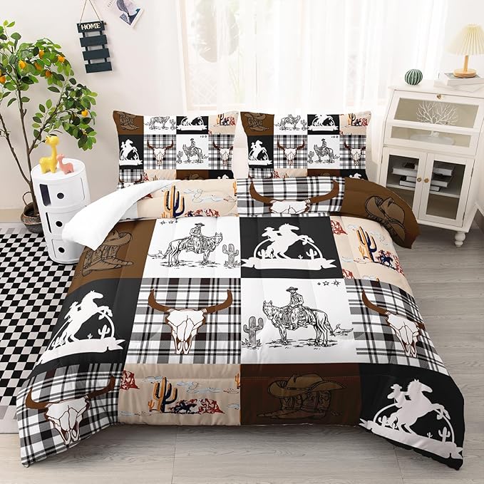 Western Cowboy Comforter Set Full Size, Bull Skull and Horse Print Quilt Set with 2 Pillowcases, Bedroom Decor for Kids Boys Teens