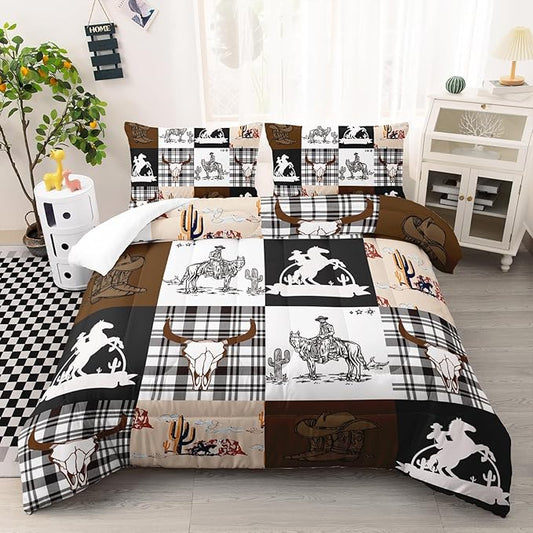 Western Cowboy Comforter Set Full Size, Bull Skull and Horse Print Quilt Set with 2 Pillowcases, Bedroom Decor for Kids Boys Teens