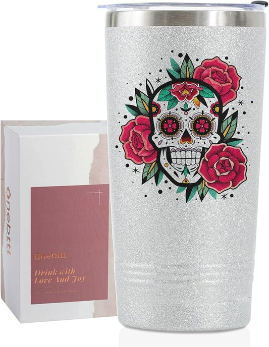 Onebttl Sugar Skull Gifts for Women, Day of the Dead, 20 oz Travel Tumbler with Lid, Brush, and Straw, Mexican Gifts, Silver Glitter