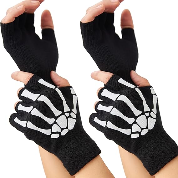 Women 2 Pairs Skeleton Gloves Fingerless Touch Screen Winter Warm Hand Skull Gloves For Adult Glow In The Night