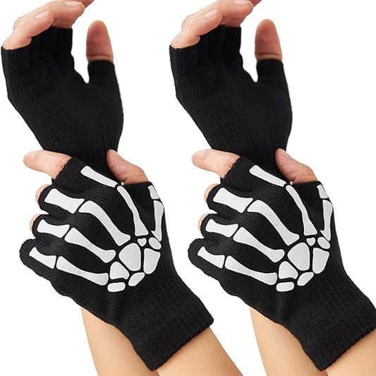 Women 2 Pairs Skeleton Gloves Fingerless Touch Screen Winter Warm Hand Skull Gloves For Adult Glow In The Night