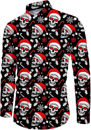 Mens Christmas Shirts Long Sleeve Clothes Button Up Casual Outfits Male Winter Festival Shirts