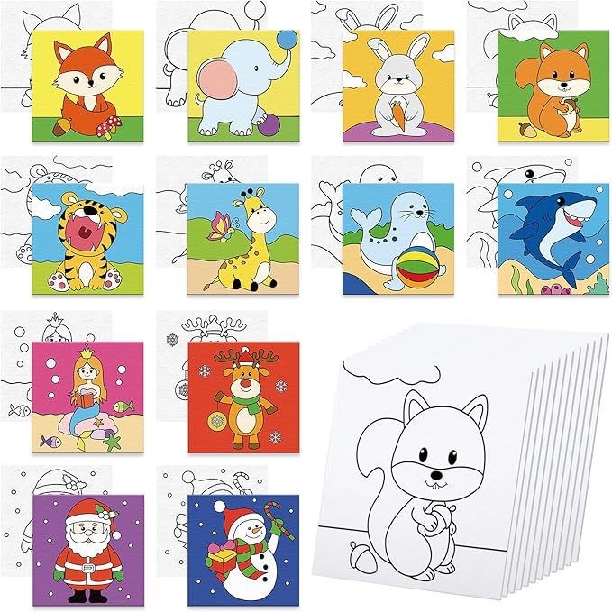 Anseal 12 Packs Pre Drawn Canvas to Paint, 4" X 4" Animal Pre-Printed Canvas Paint Party for Kids, Stretched Outline Painting Boards for Beginners, Students, Party Favor