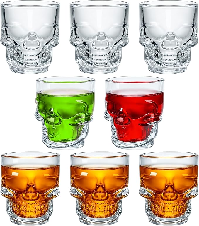 LemonRoad 8 Pieces Halloween Skull Shot Glasses Whiskey Shot Glass 1.7 oz Mini Halloween Clear Drinking Glassware Bulk for Wedding Party Holiday Parties, Cocktail Bars Home Decor