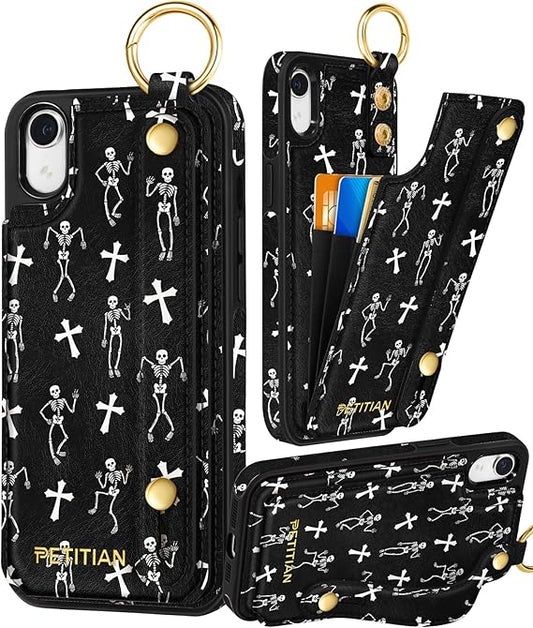 Petitian for iPhone XR Case with Wallet - Women Girls Cute Girly Aesthetic Unique Design Leather Credit Card Holder Cardholder Stand Wristband for iPhone XR, Skull