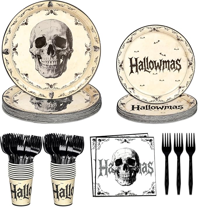 Vintage Halloween Paper Plates and Napkins Set - 125 Pcs Skull Bats Spooky Theme Disposable Tableware Includes Plates, Napkins, Cups & Forks Gothic Halloween Party Supplies Serve 25