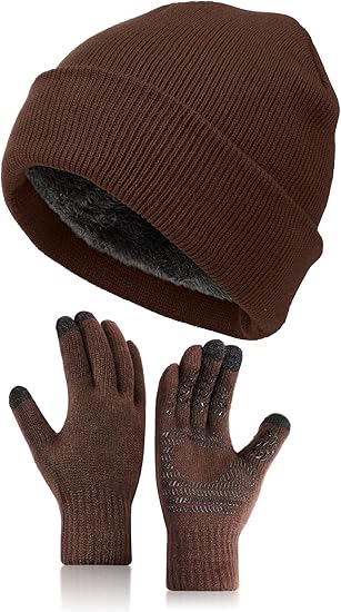 2 Pcs Winter Beanie Hat Touchscreen Gloves Set, Knit Fleece Lined Beanie Skull Cap Gloves for Men and Women