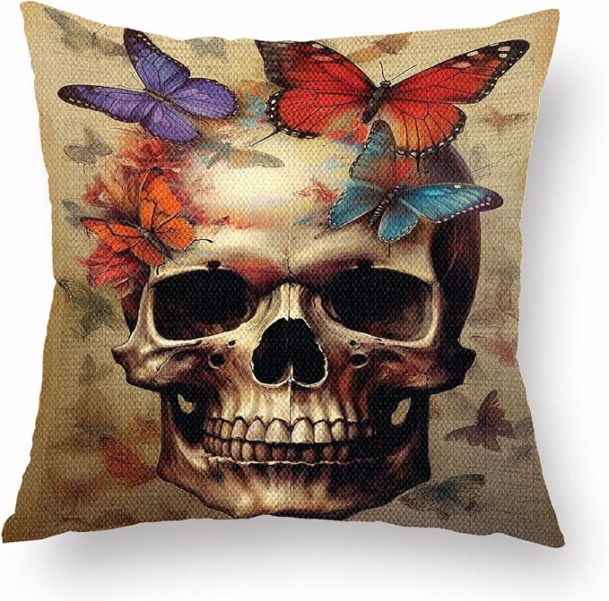 Bxgolkgd Vintage Butterfly Skull Pattern Designs Throw Pillow Covers 18x18 Inch Linen Square Cushion Covers for Decor Sofa Couch Bed Office Car Square