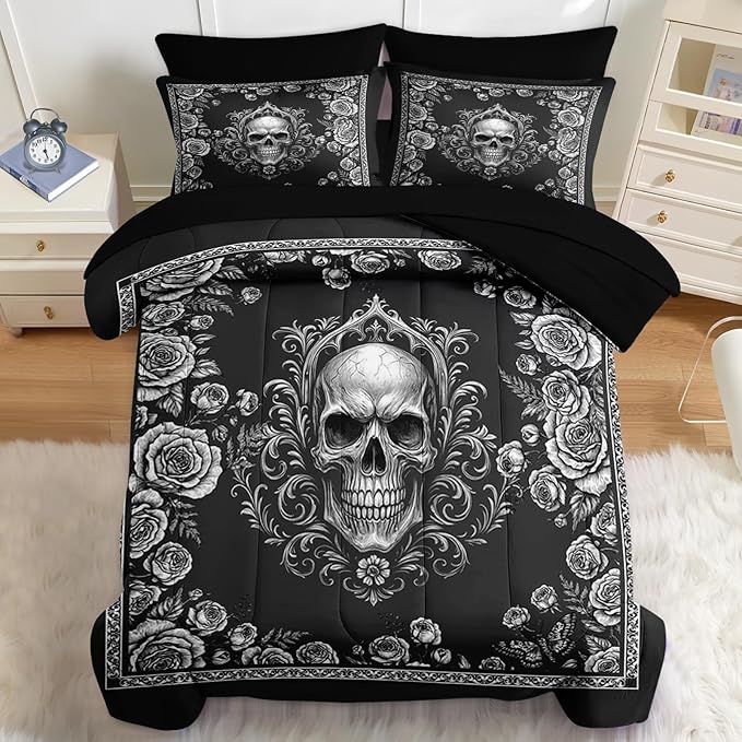Nesker 7 Pcs Comforter Set Queen Size, Rose Gothic Skeleton Bedding Set for Kids and Adults, Black White Spooky Skull Bed Sheet Sets with Fitted Sheet 2 Pillowcases & 2 Shams