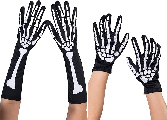 2 Pack Skeleton Gloves,Long and Short Set Reaper Bone Gloves, Perfect for Scary Halloween Costume Accessory Cosplay & Themed Parties