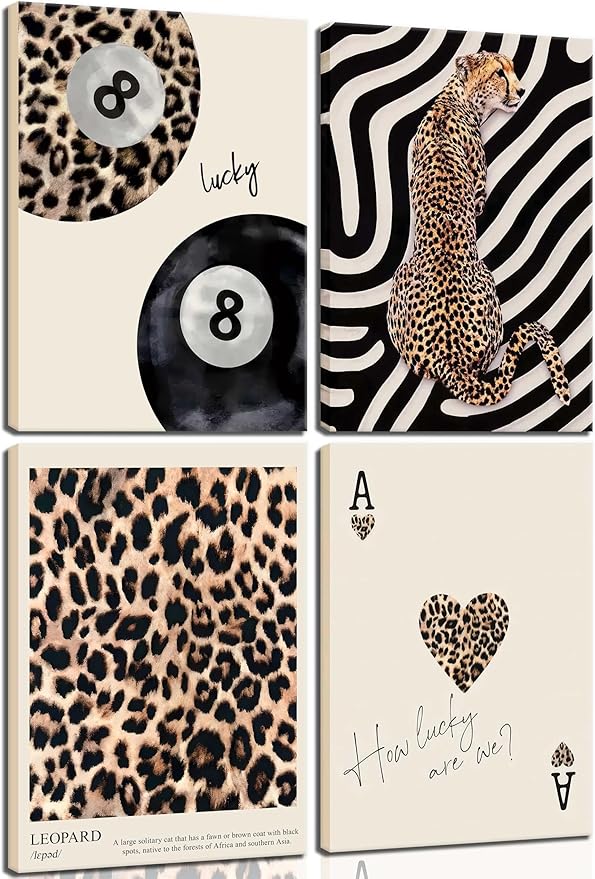 4Pcs Trendy Leopard Canvas Wall ArtCheetah Preppy Aesthetic Room Wall Decor Chic Leopard Ace Card Posters Prints Funky Lucky 8 Ball Painting Pictures for Girls Bedroom Apartment Dorm Framed