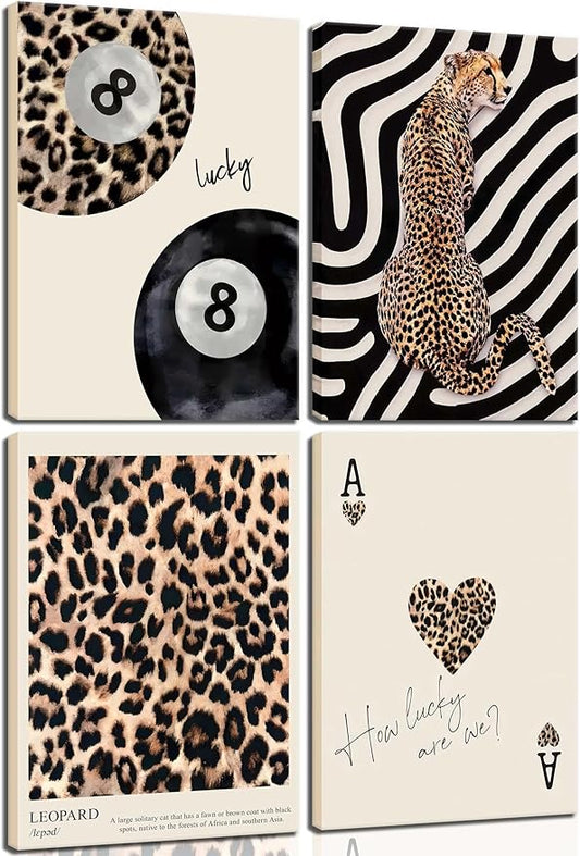 4Pcs Trendy Leopard Canvas Wall ArtCheetah Preppy Aesthetic Room Wall Decor Chic Leopard Ace Card Posters Prints Funky Lucky 8 Ball Painting Pictures for Girls Bedroom Apartment Dorm Framed