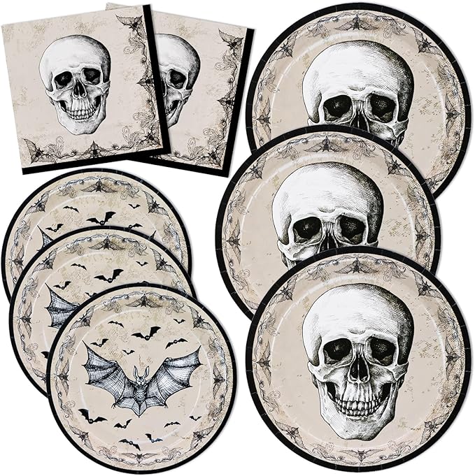 DYLIVeS Halloween Party Plates and Napkins Set, 150 Pcs Skull Bats Tableware for Boys and Adults, Serve 50