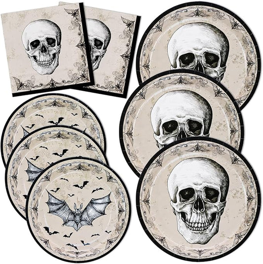 DYLIVeS Halloween Party Plates and Napkins Set, 150 Pcs Skull Bats Tableware for Boys and Adults, Serve 50