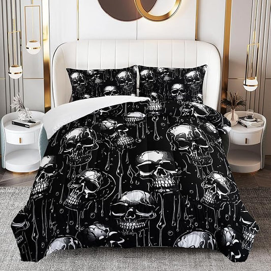 Black Skull Comforter Set Full Size, Skull Skeleton Soft 3 Pcs Bedding Set for Kids and Adults, Gothic Halloween Comforter Set with 2 Pillowcases for Bedroom All Season