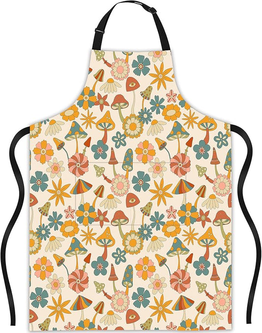 Vintage Mushroom Flower Apron, Mothers Day Gifts Bib Apron with Adjustable Neck Waterproof for Women Men, Gifts for Cooking Waitress Chef Grill Bar Baking BBQ Barista