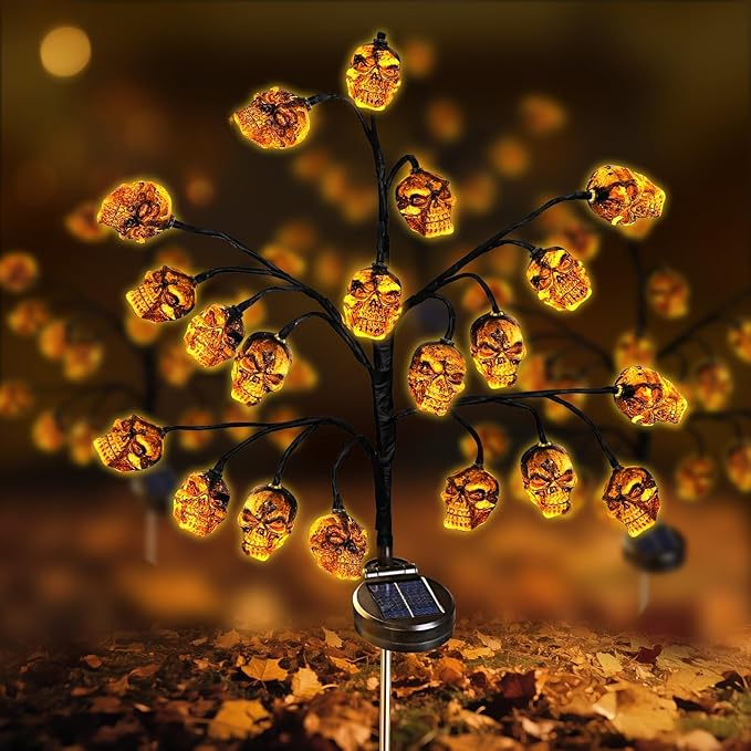 Evoio Halloween Outdoor Decorations Solar Lights - 8 Modes | 20 LED Skull Lights for Outside Halloween Decor, Skeleton Skull Lighting Stake for Garden, Patio, Yard, Lawn, Proch, Pathway Decorations